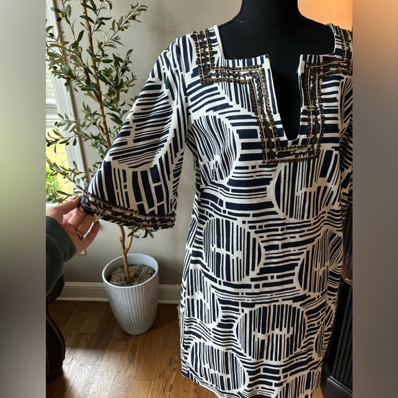 Trina Turk Navy White Cotton Lek Bamboo Forest Embellished Dress - size 10 - Picture 3 of 6